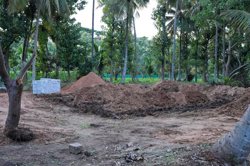 Excavation for the foundation of a house, Doddegowdana Koppalu, Mandya district, Karnataka, India